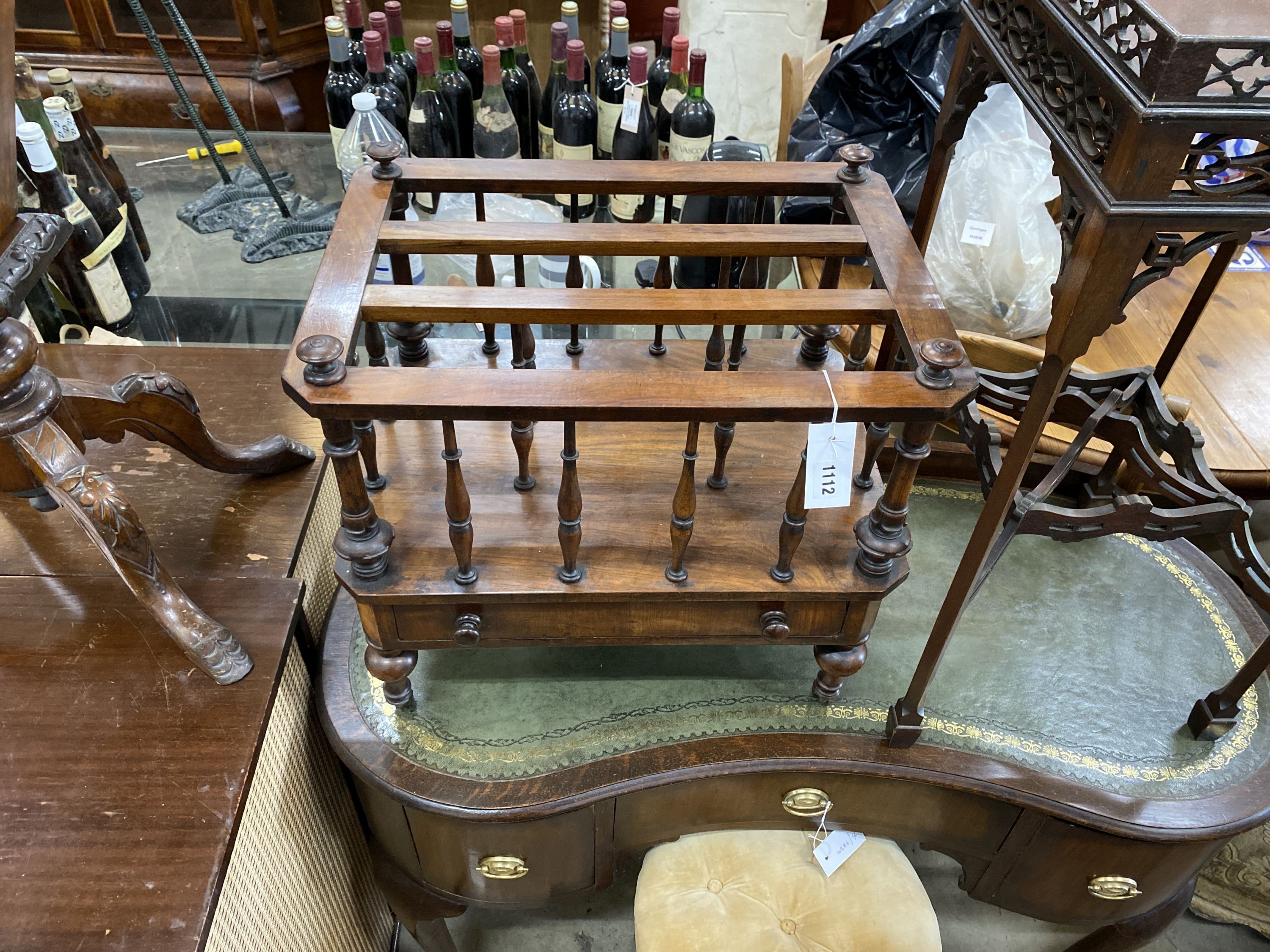 A Victorian walnut Canterbury, width 58cm, depth 52cm, height 49cm